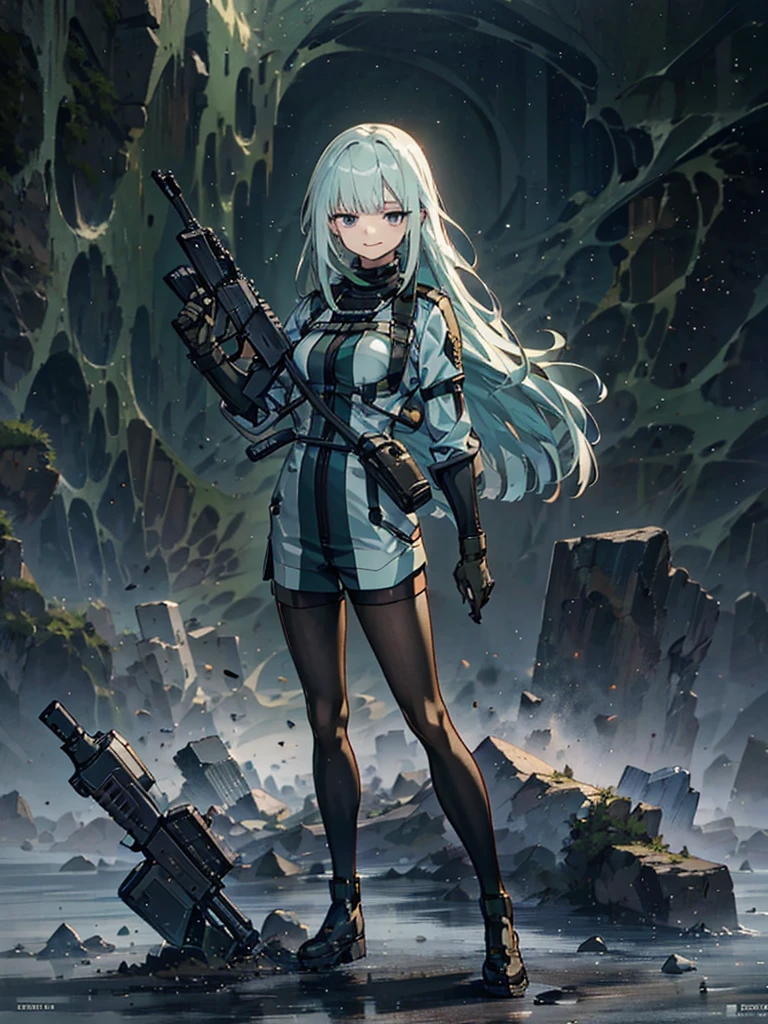 Empty City, A town above the clouds, Sky City,Black Eye,with long green hair,Green combat suit, Attention, Holding_gun, assault_rifle, Very detailed, Anime Style, whole body, alone, Stylish Gunfighter Girl, スチームパンクの長gun身ピストルを持っている