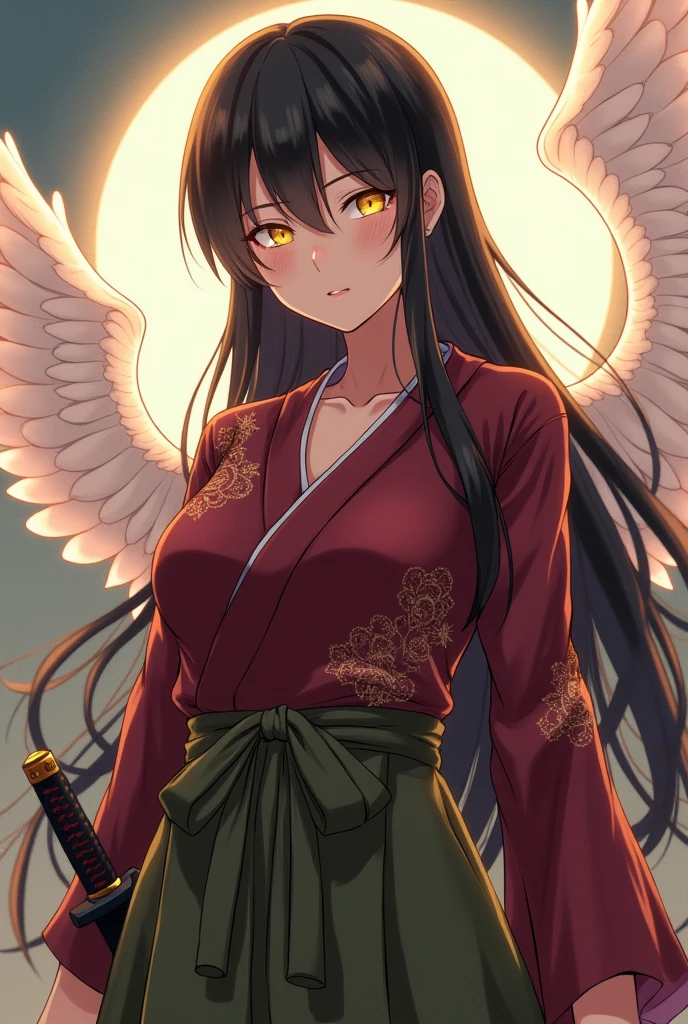 Anime Japanese woman in a kimono, with yellow eyes, black hair, translucent white wings behind her, a maroon dress, olive green hakama pants, long hair parted in the middle, large breasts, a sword sheathed on her left hip, and a smiling expression.