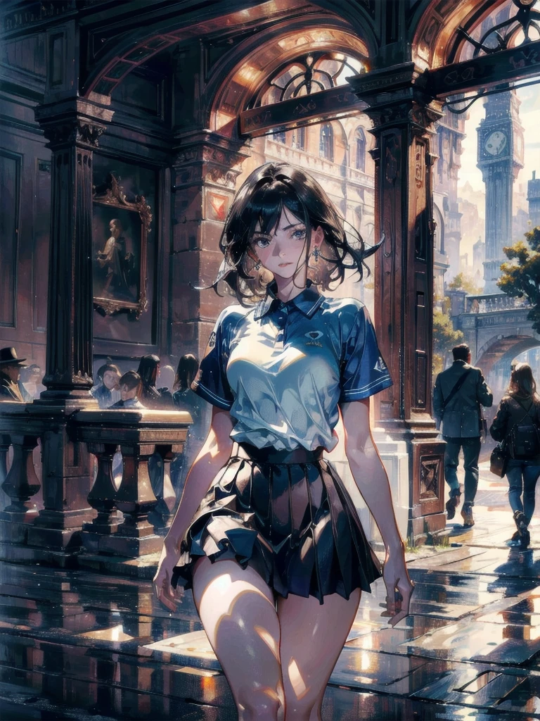 absurdres, RAW photo, extremely delicate and beautiful, masterpiece, Best Quality, ultra high resolution, 32k, hyper realistic, ultra-detailed, Very detailed CG 8k wallpaper, detailed background, landscape, Beautiful Lighting, Perfect Lightning, Realistic Shadows, perfect anatomy, anatomically correct, ideal ratio body proportions, perfect figure, Perfect Style, Perfect balance, super Detailed skin, in her 30s, very Slim body, narrow waist, very small head, very small face, delicate facial features, handsome detailed woman, very detailed eyes and face, realistic face proportions, Realistic beautiful face, Realistic beautiful eyes, tearful mole, earring, very huge round tits, medium short hair, asymmetrical hair, wavy hair, outdoor, tennis uniform, polo shirt, tight mini skirt,