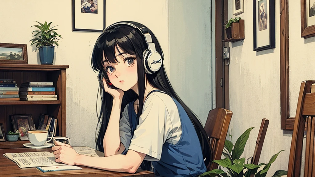 1 person, Blue Long Hair, 80s anime style, I have headphones on, coffee, Retro, Lo-Fi,A room with only white walls, The furniture is only decorated with plants.、Wearing a short-sleeved T-shirt, Close-up of a woman's face from the front