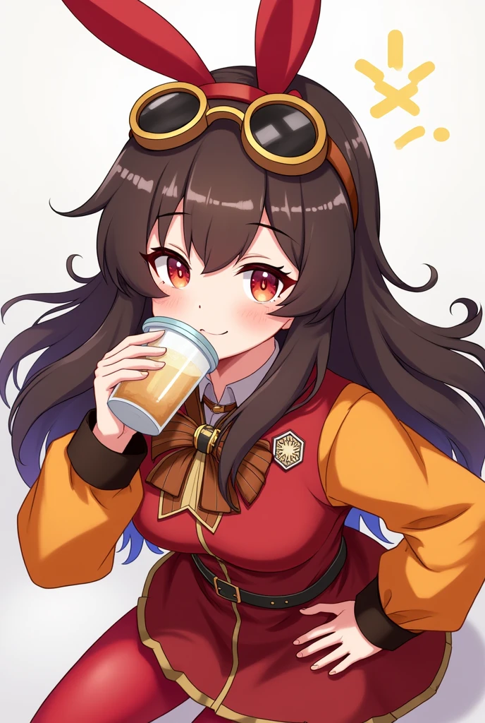 https://genshin-impact.fandom.com/wiki/Amber She have a dark brown hair and wears a red bow that is shaped like a bunny ears, brown pilot goggles, two small bags with leather belts, a red and brown glove, a Pyro sigil emblazoned on the red and orange ribbon, red jacket with long sleeves, a dark brown jumper outfit, and red stock on the white boots has symbols on it. She have a lesbian pin on her jacket. She syly smiles blushing. She have long dark brown hair! Lesbian pin on jacket. She drink boba.