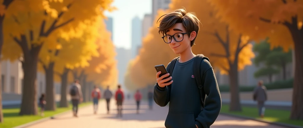a male animated movie character in the Disney Pixar style, high qualiy, best quality , black fleece sweater blue shirt , Wear nerd glasses, , long hair , Happy young man , is walking in a beautiful garden in the city, fully body, people in the scene , A nerdy boy , fiddling with his smartphone, seen in profile , from sideways , whole body