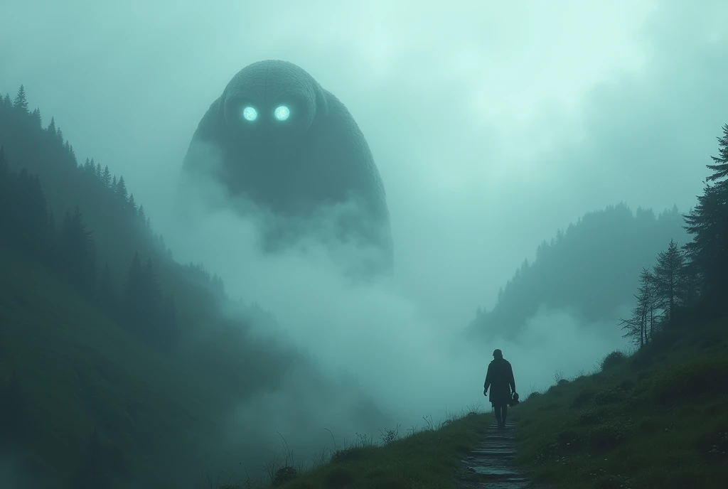 mysterious fog, covering the verdant mountain range, a looming creature with glowing eyes can be seen in the distance