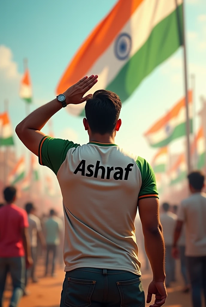 A man Salute to Indian Flag on independence day and name Ashraf on his backside of t shirt and title Happy Independence Day