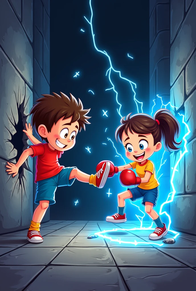 Cartoon of cute Young boy breaking the wall by kick in left direction, boy looking in the left direction, while cute girl on right side throwing a powerful punch to a punching bag which breaks the right wall with it, she looking in the right direction and important they both get electricity falling on them from above the word 'Action bar' which also surrounded by cute electric cloud while background of whole image is black and electricity color is blue and white.