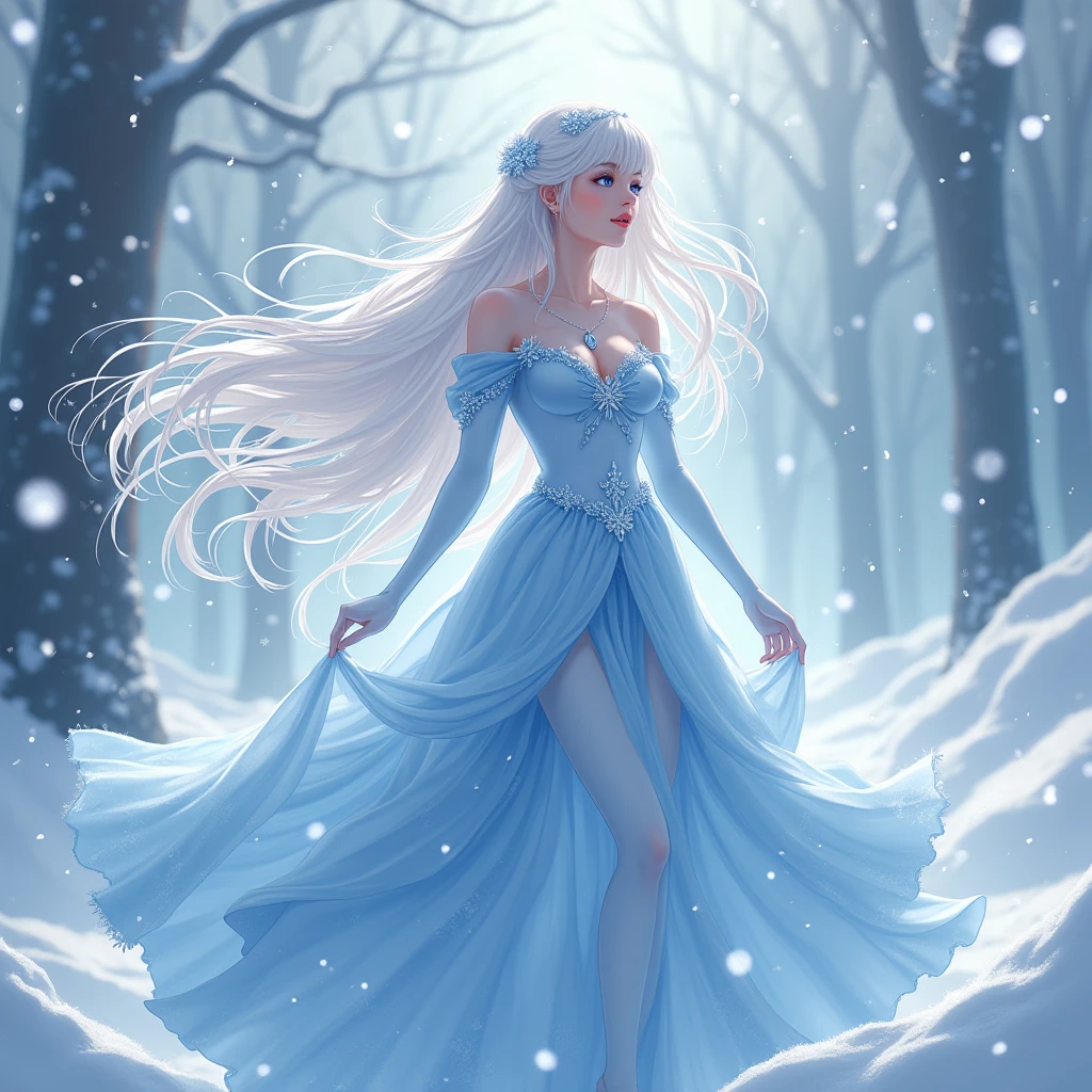 Anime Snow queen with snow on her surface her white hair is fluttering in air she is wearing a blue sexy dress she is enjoying the snow her blue eyes is full of surprises that's hidden on her heart.