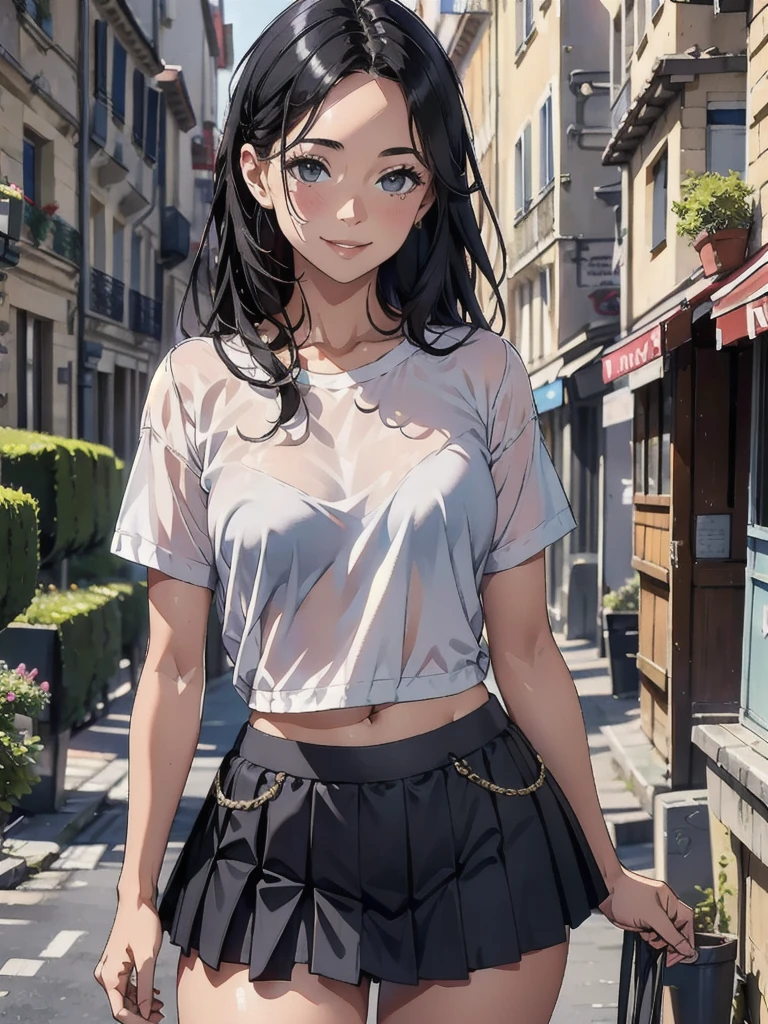 1 person,(Black Hair Semi-Long)(Beautiful Hair), actress, smile, Glowing Skin, Highest quality, masterpiece, (Realistic:1.4), Terrace seats, Europe, France, Paris, Denim mini skirt (Realistic Fabric), White short sleeve (Cotton), (No logo), Thin fingers