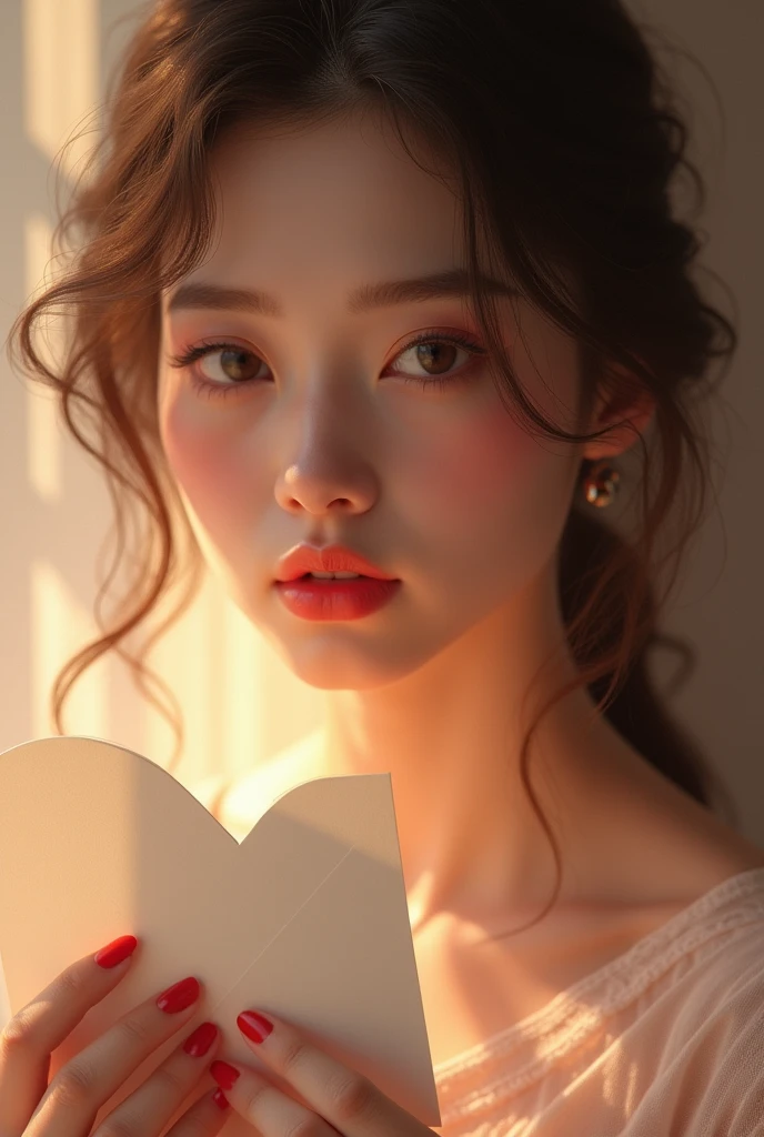 a love letter, beautiful detailed eyes, beautiful detailed lips, extremely detailed eyes and face, long eyelashes, girl holding a love letter, soft lighting, romantic, pastel colors, delicate, (best quality,4k,8k,highres,masterpiece:1.2),ultra-detailed,(realistic,photorealistic,photo-realistic:1.37),intricate details, warm tones, powder makeup, elegant, dreamlike, cinematic