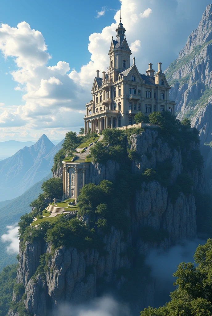 A mansion on top of a mountain and the day is partly sunny