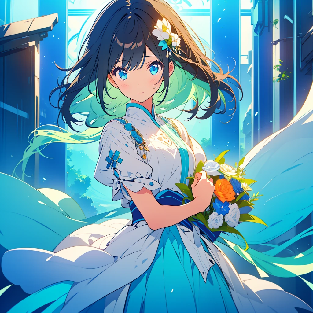 A girl with long dark brown hair and green eyes、A girl with short, white hair with blue mesh and sapphire eyes.、Highlight on eyes、celebration、bouquet