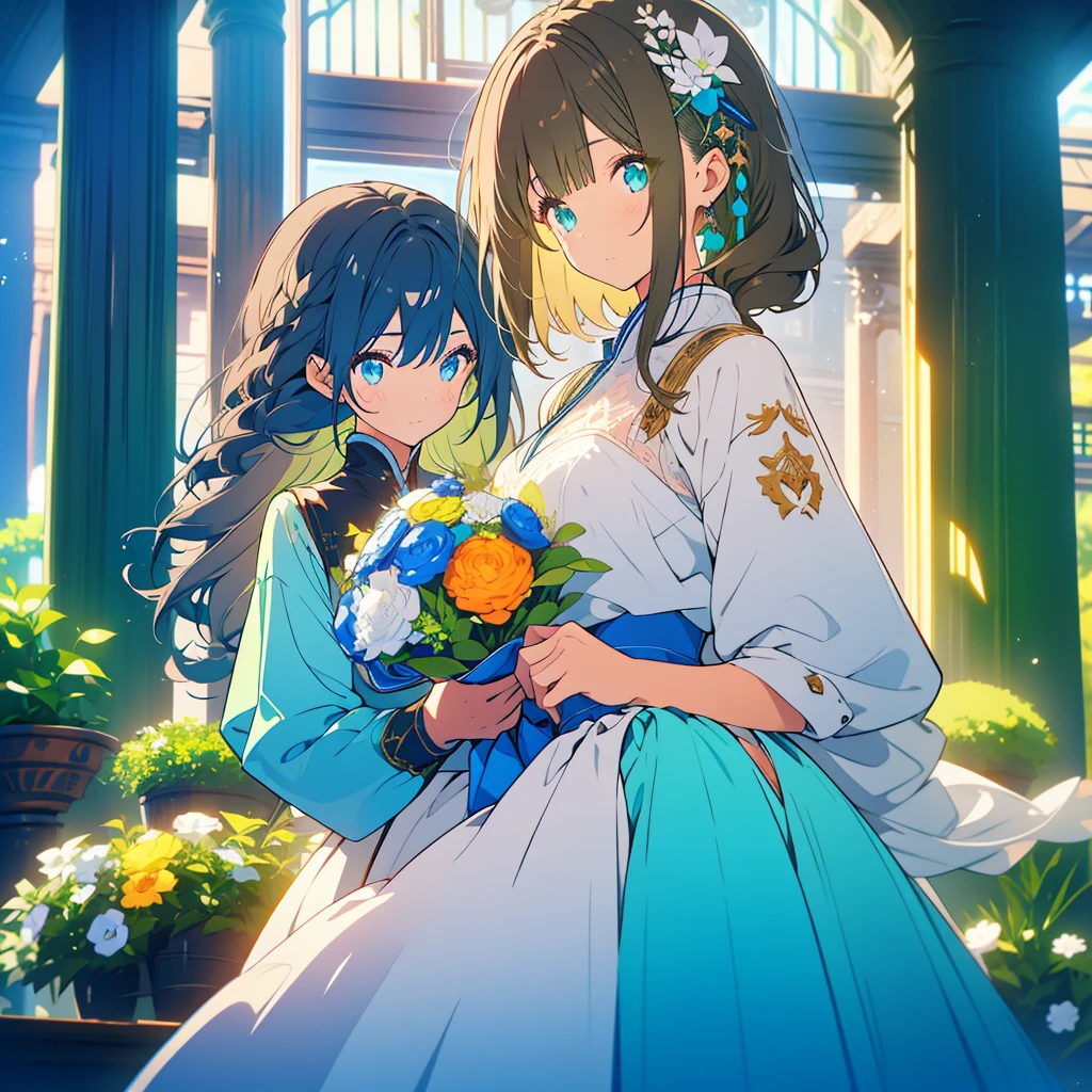 A girl with long dark brown hair and green eyes、A girl with short, white hair with blue mesh and sapphire eyes.、Highlight on eyes、celebration、bouquet