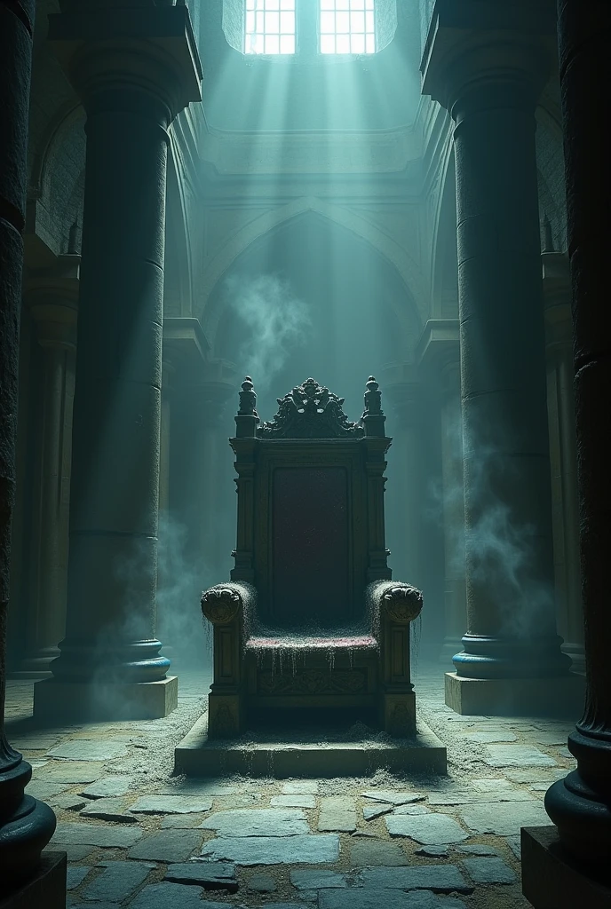 A grand but dark throne room within Edinburgh Castle, with high ceilings and massive stone pillars. The throne is old and ornate, with cobwebs hanging from it. Ghostly figures can be seen faintly hovering near the throne, as if guarding a dark secret. The light is dim, with shadows filling the corners of the room, creating a sense of unease and suspense