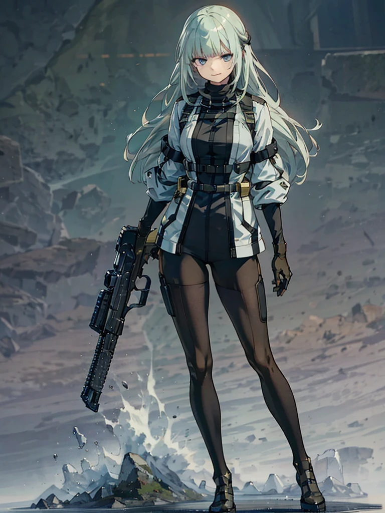 Empty City, A town above the clouds, Sky City,Black Eye,Long green hair with an up bang,Green combat suit, Attention, Holding_gun, assault_rifle, Very detailed, Anime Style, whole body, alone, Stylish Gunfighter Girl, スチームパンクの長gun身ピストルを持っている