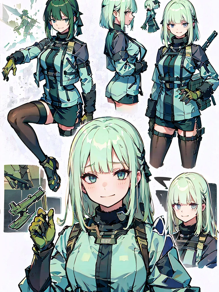 Empty City, A town above the clouds, Sky City,Black Eye,Long green hair with an up bang,Green combat suit, Attention, Holding_gun, assault_rifle, Very detailed, Anime Style, whole body, alone, Stylish Gunfighter Girl, スチームパンクの長gun身ピストルを持っている