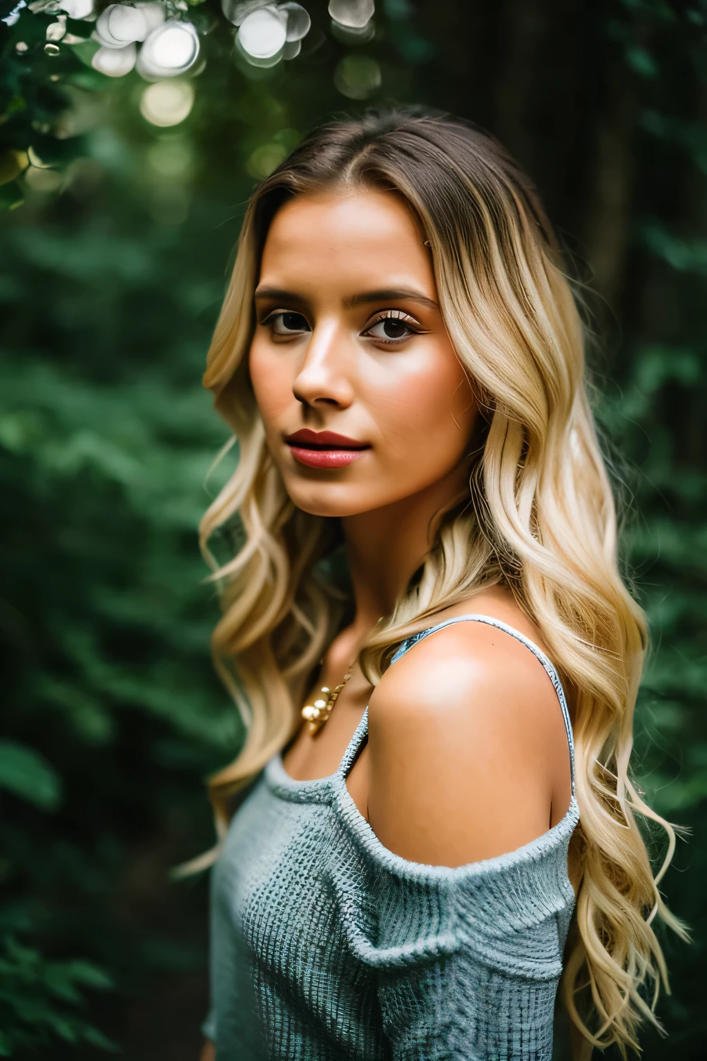 Foto realisitic de uma linda mulher sh4r0ns-v2, 1 girl, standing alone, long hair, looking ahead at viewer, (((hair blonde))), jewerly, trunk, aretes, parted lips, teeths, lips, Messy hair, curly hair, realisitic, soft lighting, professional photograpy, Photorealisitic, detailded, CRU, analog, sharp focus, 8k, High definition, dslr, high qualiy, Fujifilm XT3, film grain, awardwinning, work of art
