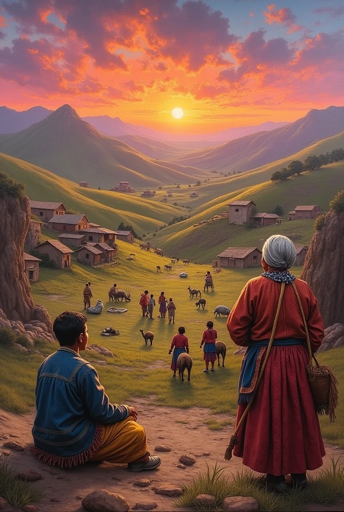 You can generate an image of an oil painting of the following: changos and diaguitas creating characteristic art, with hills in the background at a sunset with pink and orange tones, chango fishermen with their boats in the distance, guanacos looking for food in the hills, Hunters drying leather and roasting fish outside their homes, Craftswomen painting vases, while their sons and daughters play and in the foreground an elderly woman looking at the horizon at sunset