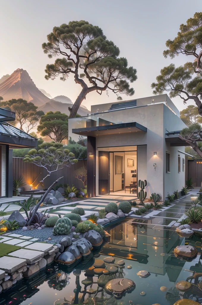 small and beautiful modern house in top of big boulders, terraces, pool, stairs, multiple cacti gardens, palms, trees, rocks, beautiful landscape design, mountains and volcano y background, amazing clouds, sun, moon, planets, milky way galaxy, concrete, wood, glass and steel materials, olive green, violet, orange and withe colors in facade