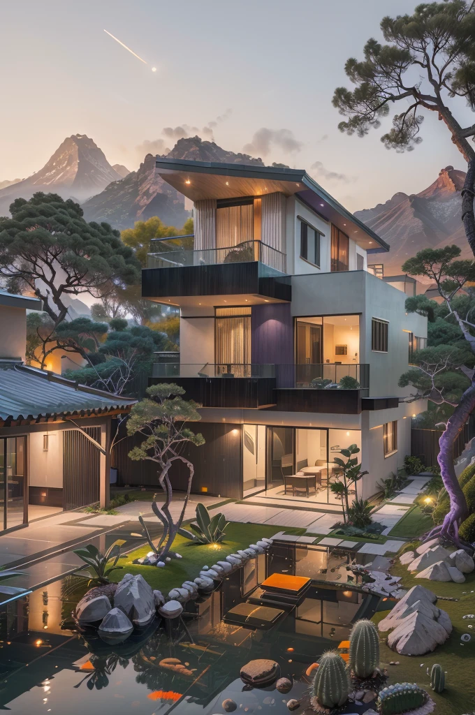 small and beautiful modern house in top of big boulders, terraces, pool, stairs, multiple cacti gardens, palms, trees, rocks, beautiful landscape design, mountains and volcano y background, amazing clouds, sun, moon, planets, milky way galaxy, concrete, wood, glass and steel materials, olive green, violet, orange and withe colors in facade