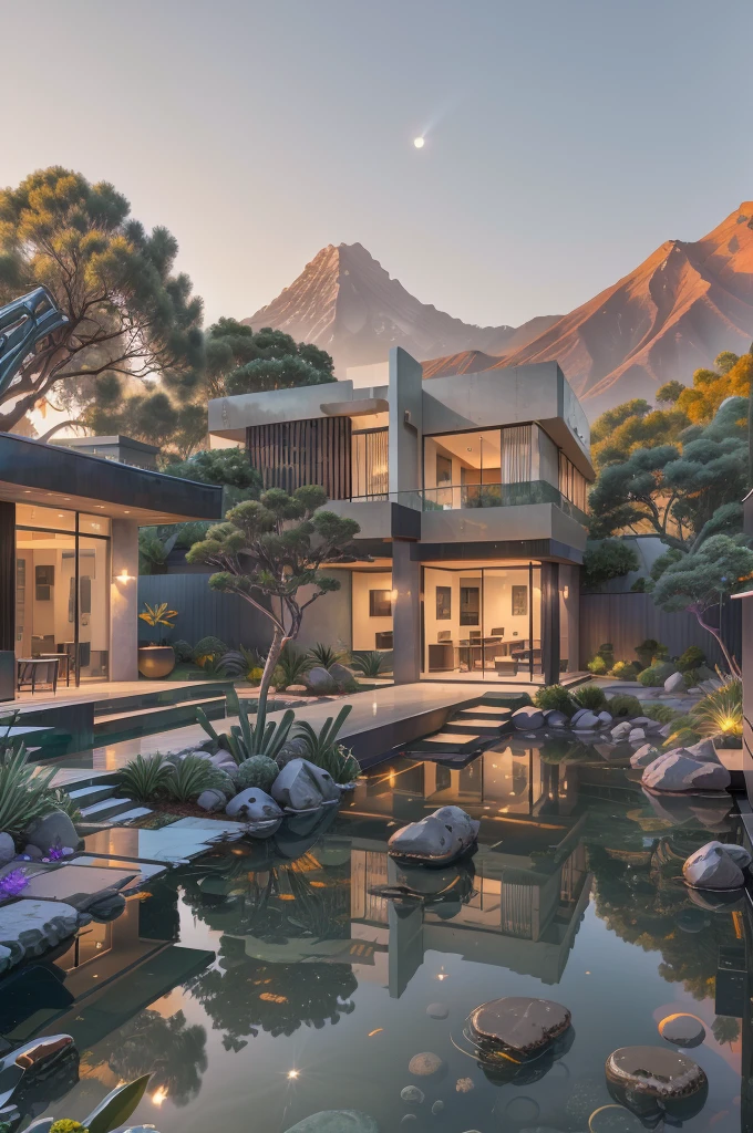 small and beautiful modern house in top of big boulders, terraces, pool, stairs, multiple cacti gardens, palms, trees, rocks, beautiful landscape design, mountains and volcano y background, amazing clouds, sun, moon, planets, milky way galaxy, concrete, wood, glass and steel materials, olive green, violet, orange and withe colors in facade