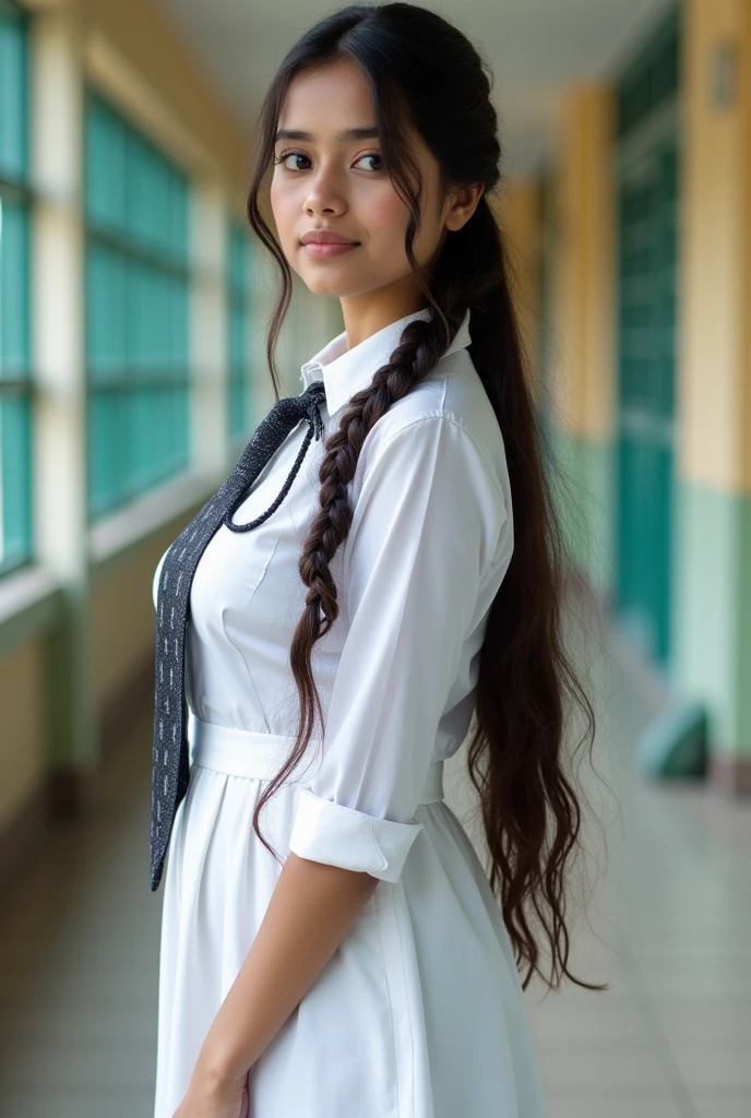 there is a sri lanka 20 years old cute woman wearing a tie, wearing white frock, wearing a school uniform, assamese aesthetic, school girl, dressed as schoolgirl, of a schoolgirl posing, cute schoolgirl, age female schoolgirl, profile pic ,with long hair, girl with plaits,huge ass,huge ,looking for her