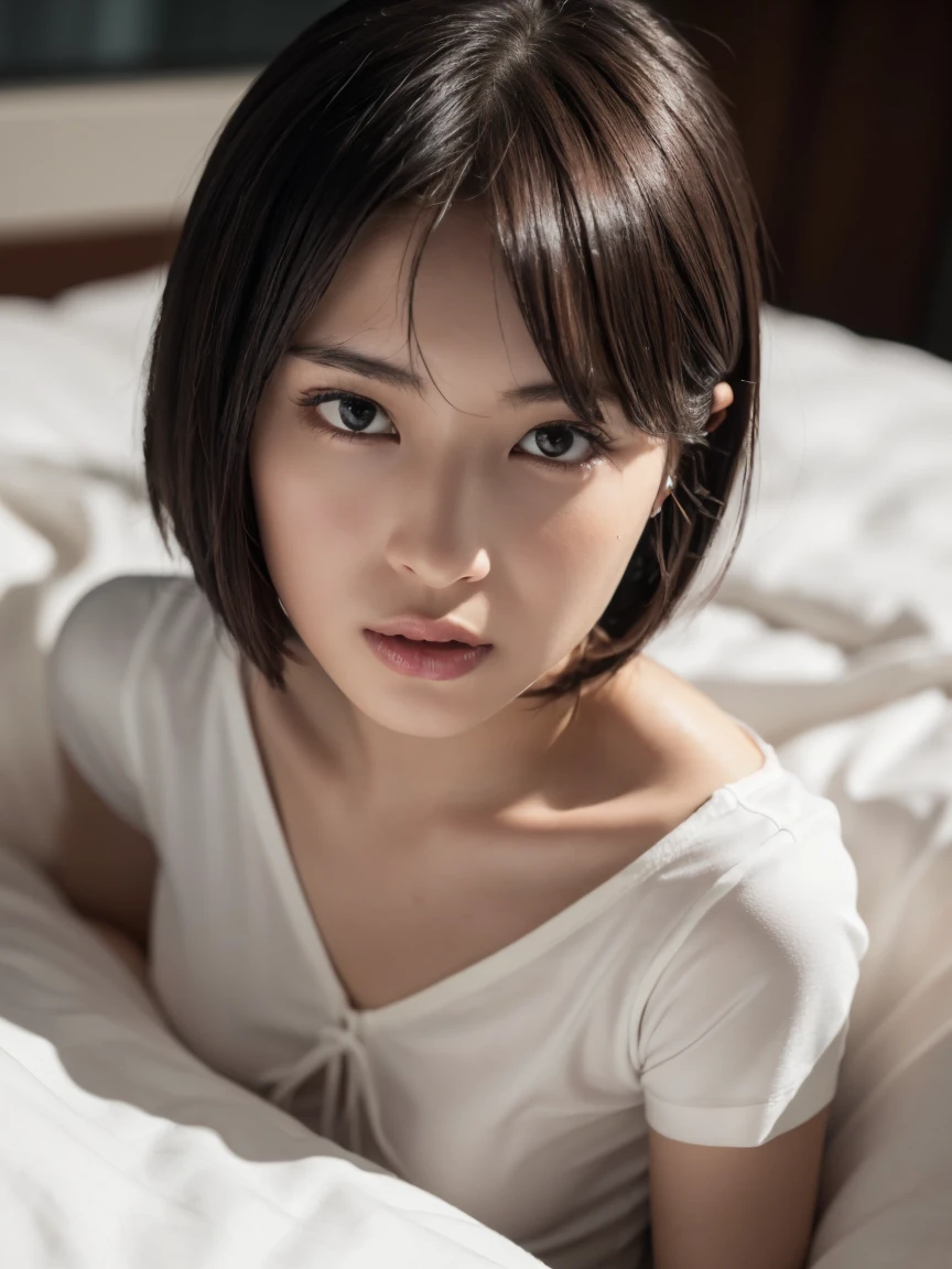 (masterpiece:1.2), Very detailed, Ultra-high resolution, (Realistic, photo Realistic:1.6), High-resolution RAW color photos, Professional photos, Sharp focus:1.2, (Very detailed顔と肌の質感, Very beautiful eyes, Glossのある肌, Glowing Skin, Glowing Skin, Shining Face, Gloss, Oily skin, greasy face, Oily skin, greasy face,),, (real Glossのある肌 texture), Perfect Anatomy, Very detailed背景,(Bed at night),1 female,short hair, Straight hair, bangs, Brown Hair,((Flat Chest:1.6)),Slender legs, ((A gorgeous black mini dress with short sleeves))