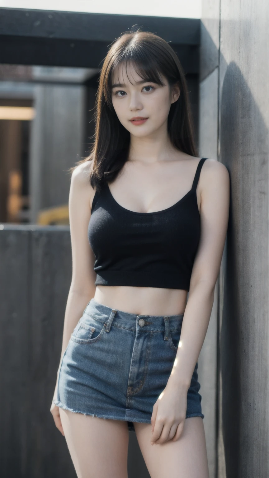 ((1girl)), woman, masterpiece, best quality, highest quality, cinematic lighting, (volumetric lighting), extremely detailed CG unity 8k wallpaper, focused, 8k wallpaper, extremely detailed, ultra realistic, photorealistic, sharp focus, absurdres, (HDR:1.2), (high contrast), photograph, detailed and intricate, instagram, portrait, highly detailed, digital painting, artstation, concept art, smooth, sharp focus, illustration, cinematic lighting, (big breast:1.3), (((skinny, slim legs))), (japanese idol posture), (micro bra, mini skirt, open shoulder, cleavage), looking at the viewer, (I don't see arms)), ((Standing)), ((Medium body shot, hip level shot)), long hair, ((leaning on a wall)), beautiful eyes.