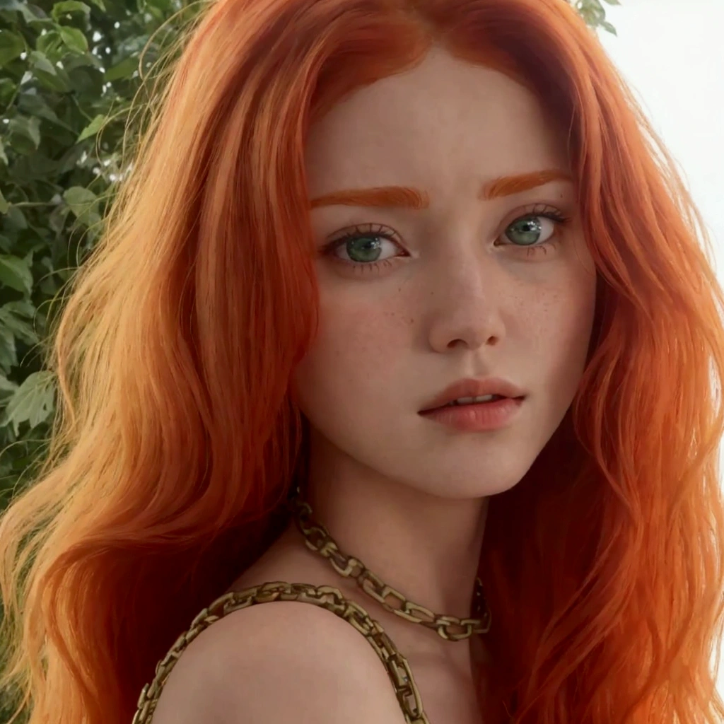 a close-up of a redhead woman with a chain around her neck, she has long orange hair, sadie sink, Orange peel and long fiery hair., red hair and attractive features, redhead goddess, ginger wavy hair, Red head, She has long orange-brown hair., redhead girl, with red hair and green eyes, hada ellie bamber