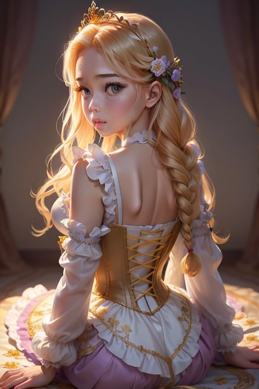 (Gaping bastards all fours pose),  Realistic, (Highest quality:1.1), masterpiece, (detailed:1.1), Spotted Light,  One person, throw, (From behind),  On all fours, Beautiful sexy 26 year old woman photo (Rapunzel (Tangled): Rapunzelのシグネチャードレスは、Lavender gown with puff sleeves and corset-style bodice.. The body is usually、Decorated with intricate lace and floral embroidery. the skirt is flowing from the waist, made of soft layers, pastel color fabric, chiffon, tulle etc.. Layers add volume and movement to the dress, Also、Some feature delicate floral patterns.. Rapunzelの長い, golden hair、Often styled with braids or loose curls, Sometimes decorated with flowers and ribbons. Also、wearing a small tiara or crown、Sometimes complete the princess look.),  (Realistic skin texture), (:1.3), Open your mouth,  ,  Professional photography,    High contrast and dynamic poses,