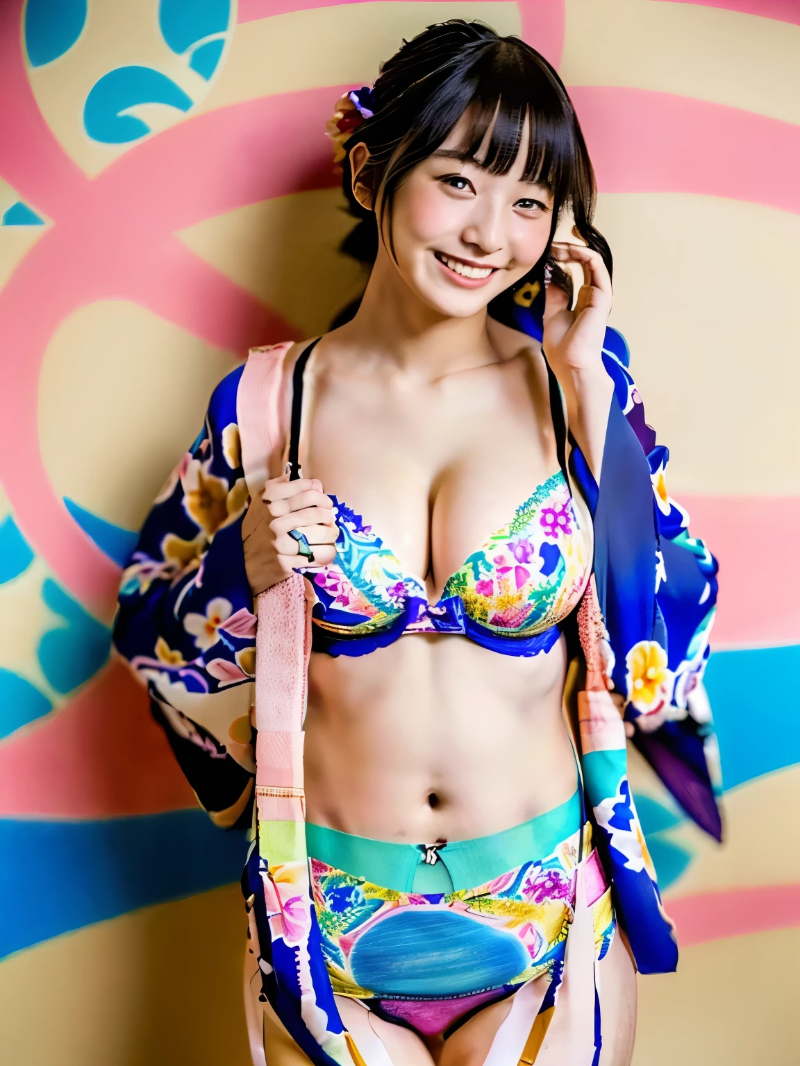 A cute face like a top Japanese idol at age 18、very friendly、Smiling Kindly、(kimono、yukata)、(((Colorful floral pattern(丈が短いkimono)))、(((kimonoめくり(kimonoの裾を上げる)))、(((Beautiful thighs(Sexy panties are in sight)))、Cleavage、Highest quality、masterpiece