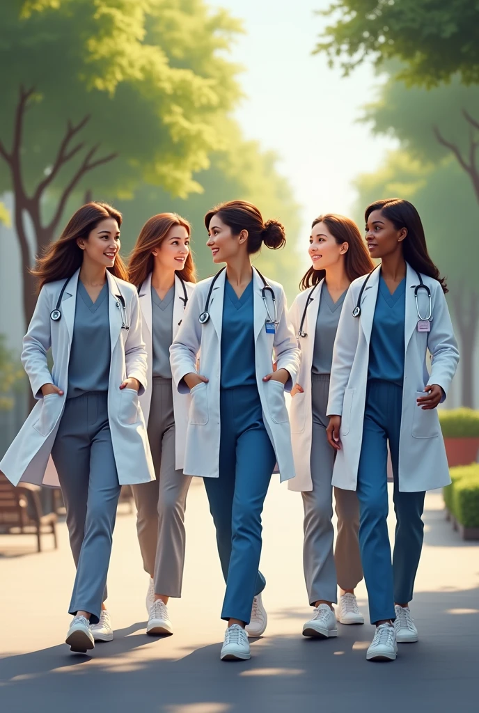 5 female doctors walking