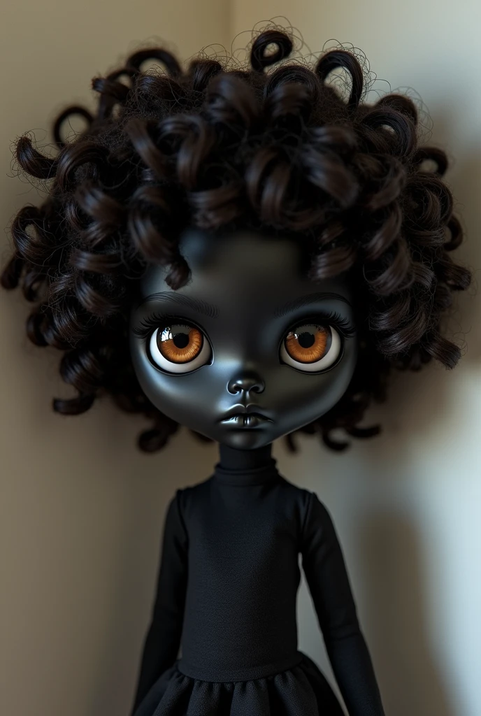 Faca uma blythe doll, black,with dark brown curly hair and very tight curls, with fringe and dark eyes