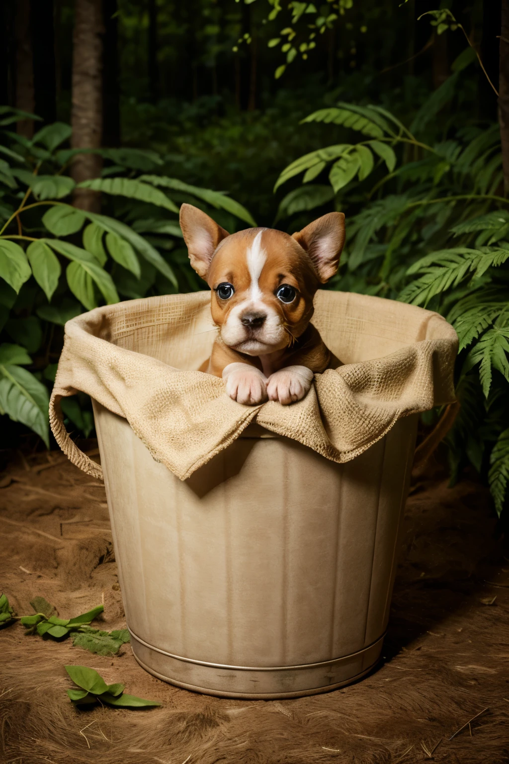  wrapped in beige color textured cloth posing for photoshoot, in a bucket surrounded with green leaves and forest background