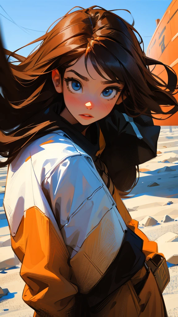 Riverbed, a girl with long brown hair and blue eyes in front of a boy with black hair and brown eyes