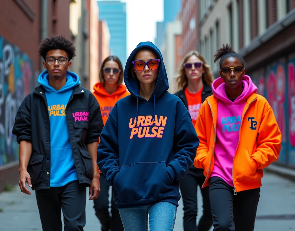 Showcase a group of diverse fashion models wearing 'Urban Pulse' streetwear in an urban city setting. The models should wear a mix of t-shirts, hoodies, and jackets featuring the bold and modern 'Urban Pulse' logo in vibrant colors like neon blue, electric purple, and bright orange. The models should exude confidence and energy, representing the brand's youthful, creative, and daring spirit. Position them in dynamic, action-oriented poses, as if they’re on the move in the city, with graffiti walls, skyscrapers, or neon lights in the background to enhance the urban vibe.