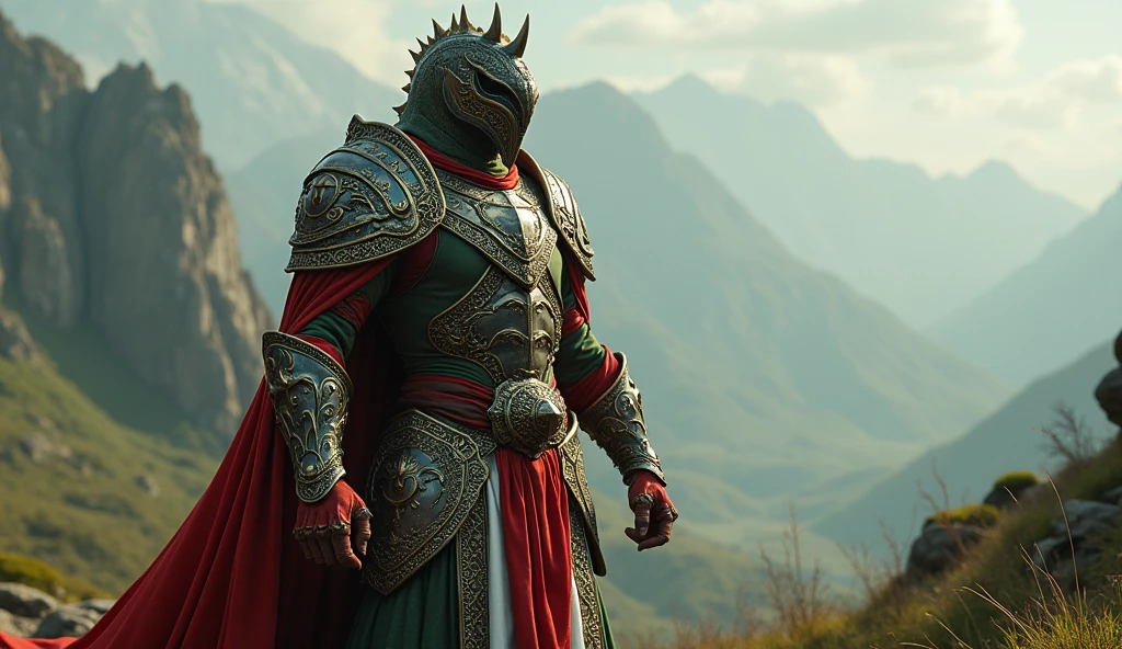 Hungary as a classic imperial League of Legend creature in red, white and green. Intricated clothing. Cinematic Fantasy sci-fi landscape background