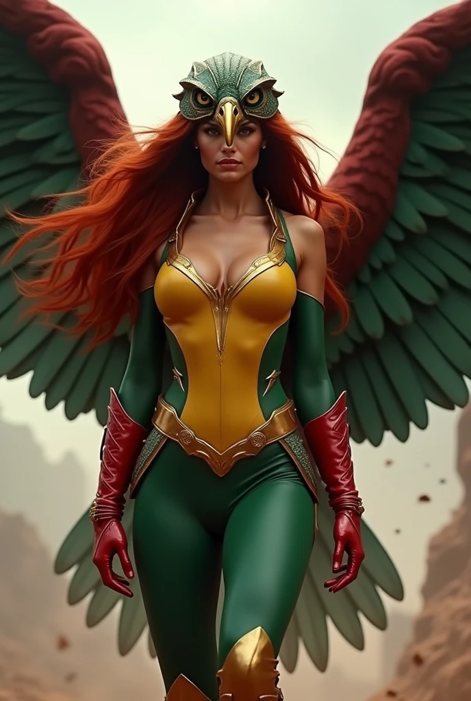 Adriana Lima under the mantle of the Thanagarian warrior Shayera Holl aka Hawkgirl long red hair wears a beaked hawk head helmet on her head covering half of her face , With her large bird wings protruding from her back and a yellow vest with green pants and red and gold boots, Justice League DC Universe