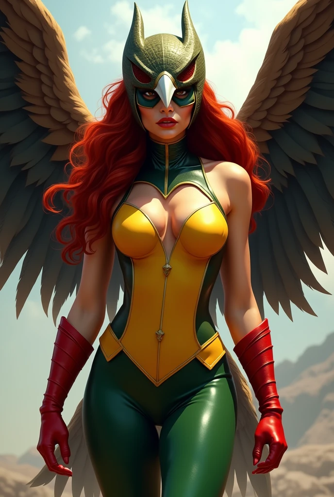 Adriana Lima under the mantle of the Thanagarian warrior Shayera Holl aka Hawkgirl long red hair wears a beaked hawk head helmet on her head covering half of her face , With her large bird wings protruding from her back and a yellow vest with green pants and red and gold boots, Justice League DC Universe