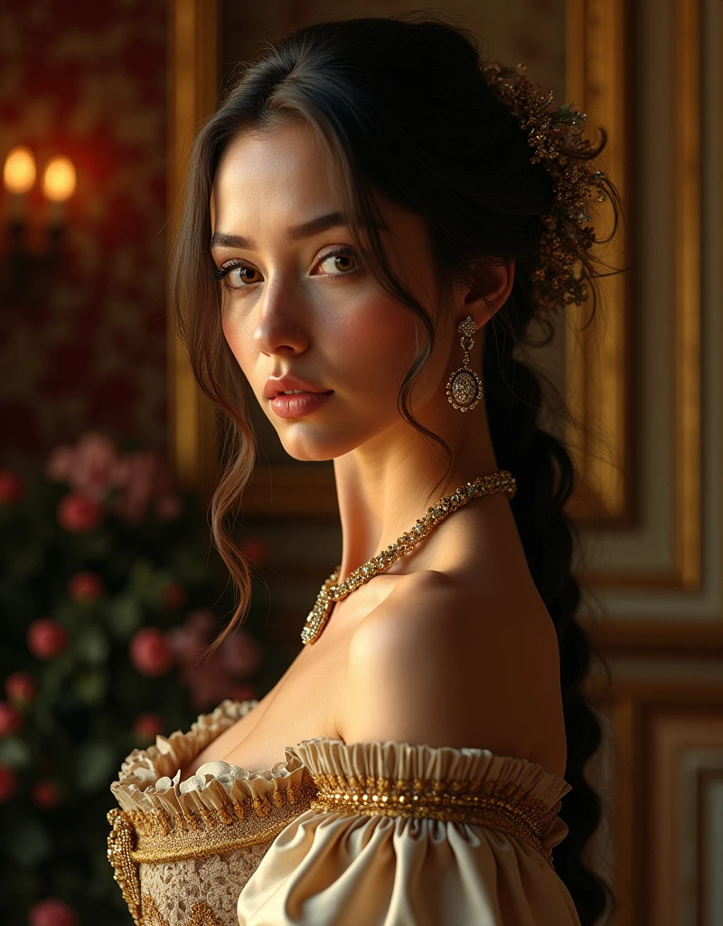 a beautiful woman in an extravagant renaissance dress, tantalizing expression, dramatic lighting, ornate baroque interior, warm color palette, cinematic composition, (best quality,4k,8k,highres,masterpiece:1.2),ultra-detailed,(realistic,photorealistic,photo-realistic:1.37),HDR,UHD,studio lighting,ultra-fine painting,sharp focus,physically-based rendering,extreme detail description,professional,vivid colors,bokeh,intricate details,dramatic chiaroscuro,oil painting