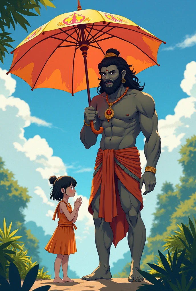 Anime girl standing. hanumanji standing and holding an umbrella