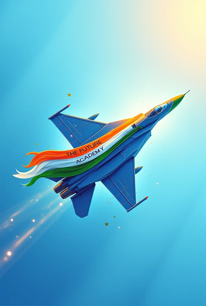 Make a logo of my academy named as "the future academy" wishing happy independence day, with Indian flag fight jet , shining , blue background, 3D 