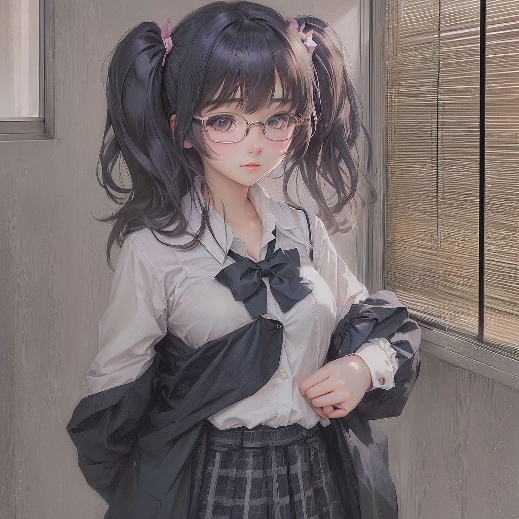 Anime女の子 Wearing glasses and a bow tie standing in front of a window, Anime Moe Art Style, Wearing glasses, Smooth anime CG art, hyperRealistic school girl, a hyperRealistic school girl, Painted in an anime artist's studio, Realistic school girl, Created by Anime Painter Studio, Soft anime illustration, cute Anime, Half Yamada, Anime, Cute realistic portrait