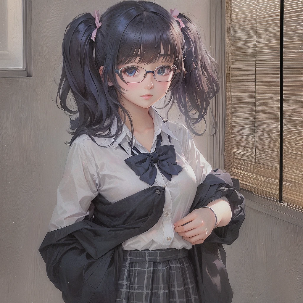 Anime女の子 Wearing glasses and a bow tie standing in front of a window, Anime Moe Art Style, Wearing glasses, Smooth anime CG art, hyperRealistic school girl, a hyperRealistic school girl, Painted in an anime artist&#39;s studio, Realistic school girl, Created by Anime Painter Studio, Soft anime illustration, cute Anime, Half Yamada, Anime, Cute realistic portrait