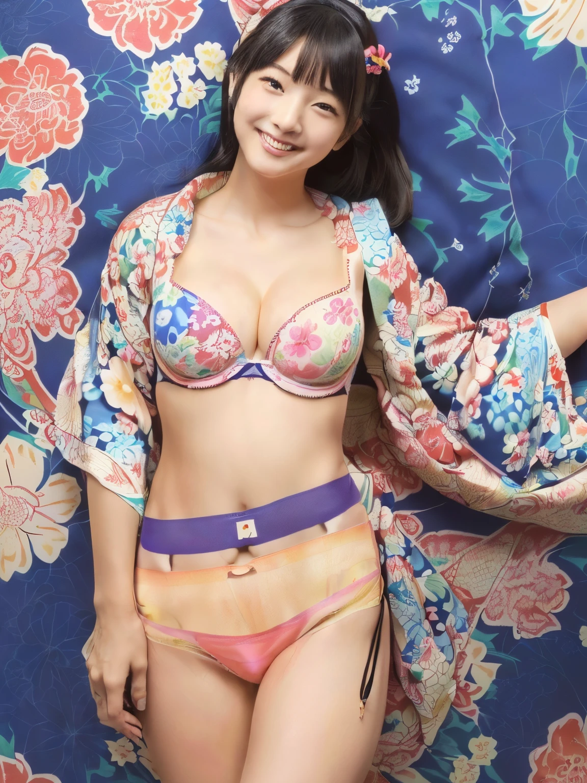 A cute face like a top Japanese idol at age 18、very friendly、Smiling Kindly、(kimono、yukata)、(((Colorful floral pattern(丈が短いkimono)))、(((kimonoめくり(kimonoの裾を上げる)))、(((Beautiful thighs(Sexy panties are in sight)))、Cleavage、Highest quality、masterpiece