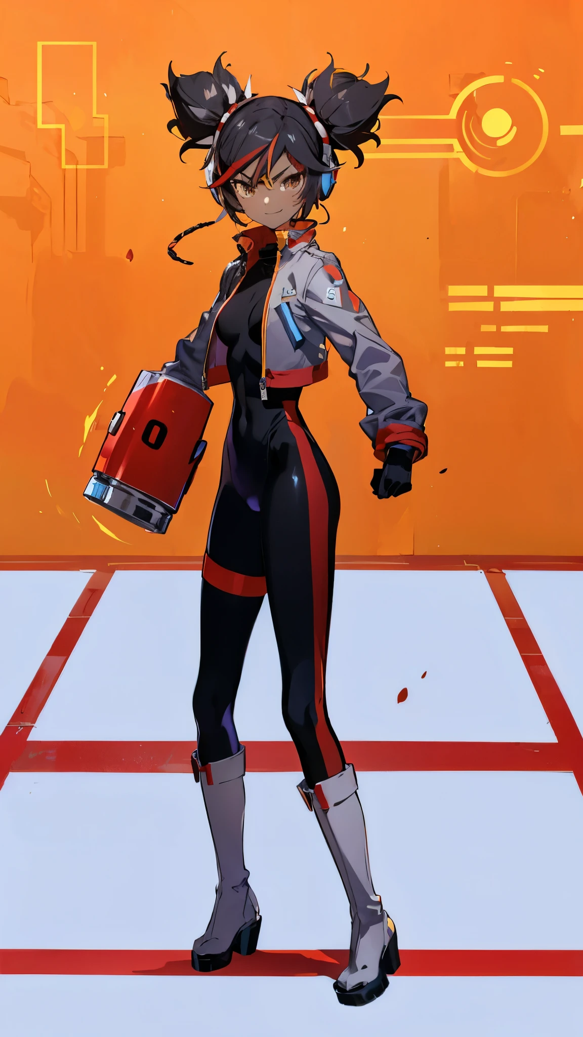 (Best quality, anime style, good anatomy, NetNavi style (MMBN))1 girl, tanned skin, brown eyes, angry, smile, black hair, short twintails, spike scrunchies, headphones, black bodysuit with lateral red lines, grey jacket, black gloves, right arm red plasma cannon(Megaman), grey boots, cibernetic world background, colorful