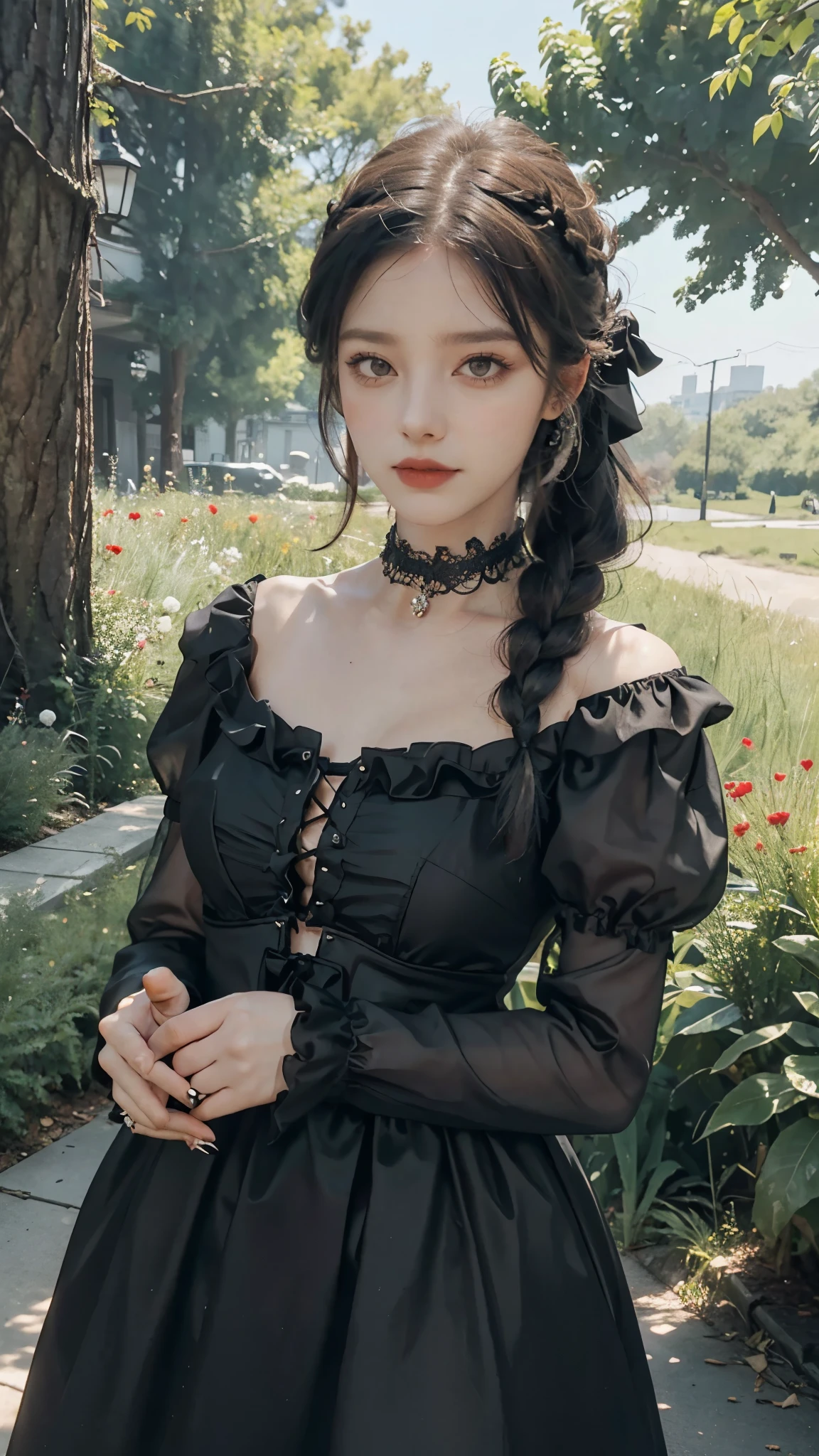 (masterpiece:1.2), (best quality:1.2), perfect eyes, perfect face, perfect lighting, 1girl, mature female gothgal standing with her hands in front, long hair, intricate hairdo, makeup, black lips, thick eyelashes, sad, melancholy, wearing a gothgal outfit, black and white dress, frills, ribbons, puffy sleeves, bare shoulders, lacey choker, jewelry, peaceful, quiet, chill, detailed outdoor background, beautiful landscape, fantasy, summer, sunny, sunburnt, flowers, trees  
