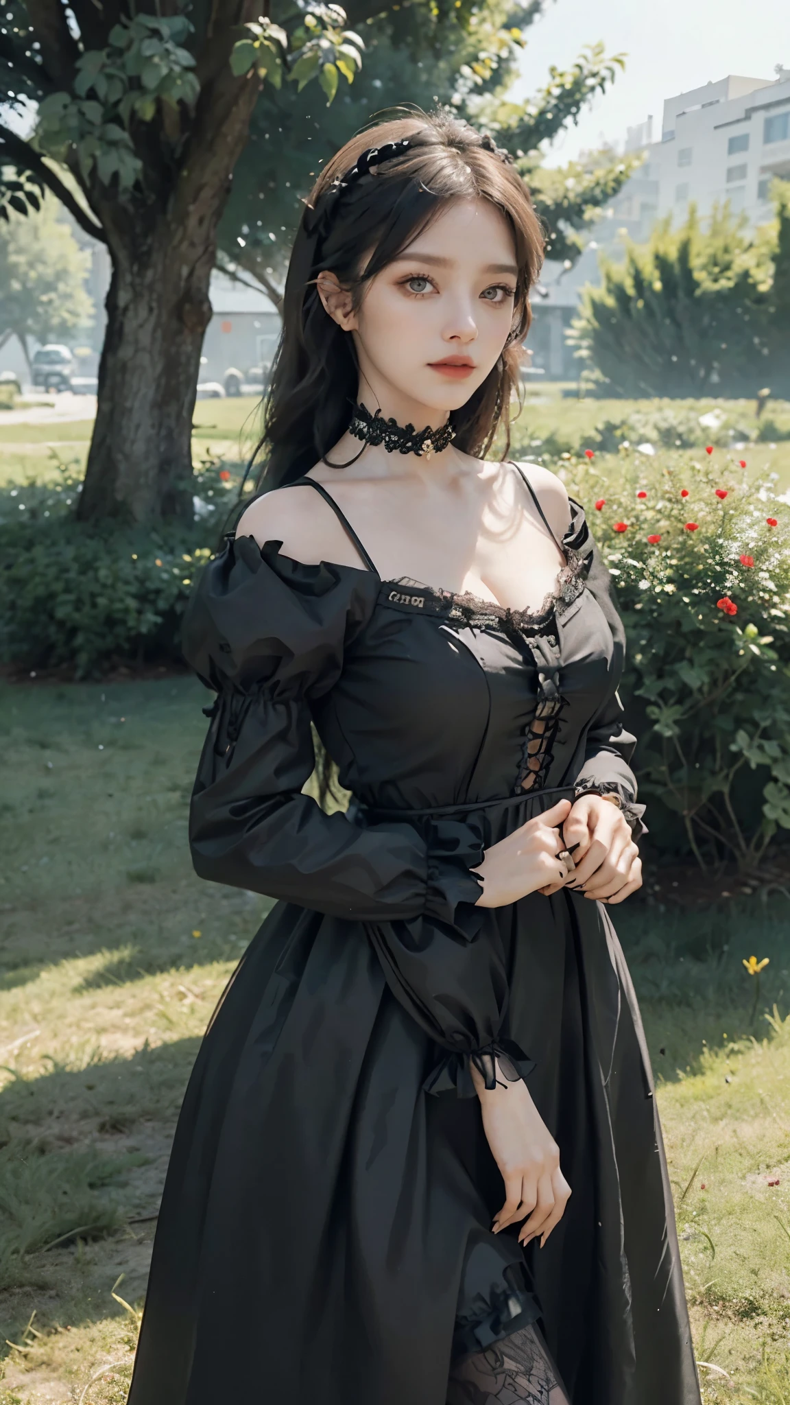 (masterpiece:1.2), (best quality:1.2), perfect eyes, perfect face, perfect lighting, 1girl, mature female gothgal standing with her hands in front, long hair, intricate hairdo, makeup, black lips, thick eyelashes, sad, melancholy, wearing a gothgal outfit, black and white dress, frills, ribbons, puffy sleeves, bare shoulders, lacey choker, jewelry, peaceful, quiet, chill, detailed outdoor background, beautiful landscape, fantasy, summer, sunny, sunburnt, flowers, trees  