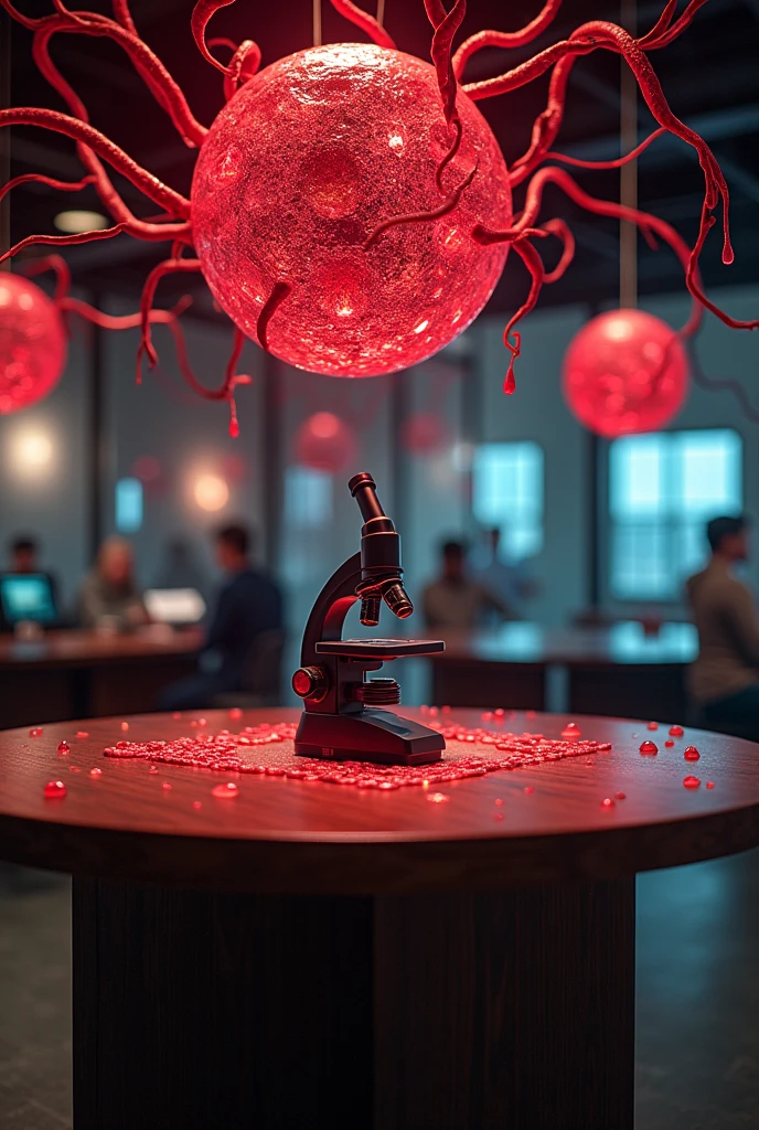 A table with a microscope on top and above the table veins and drops of blood for a science exhibition