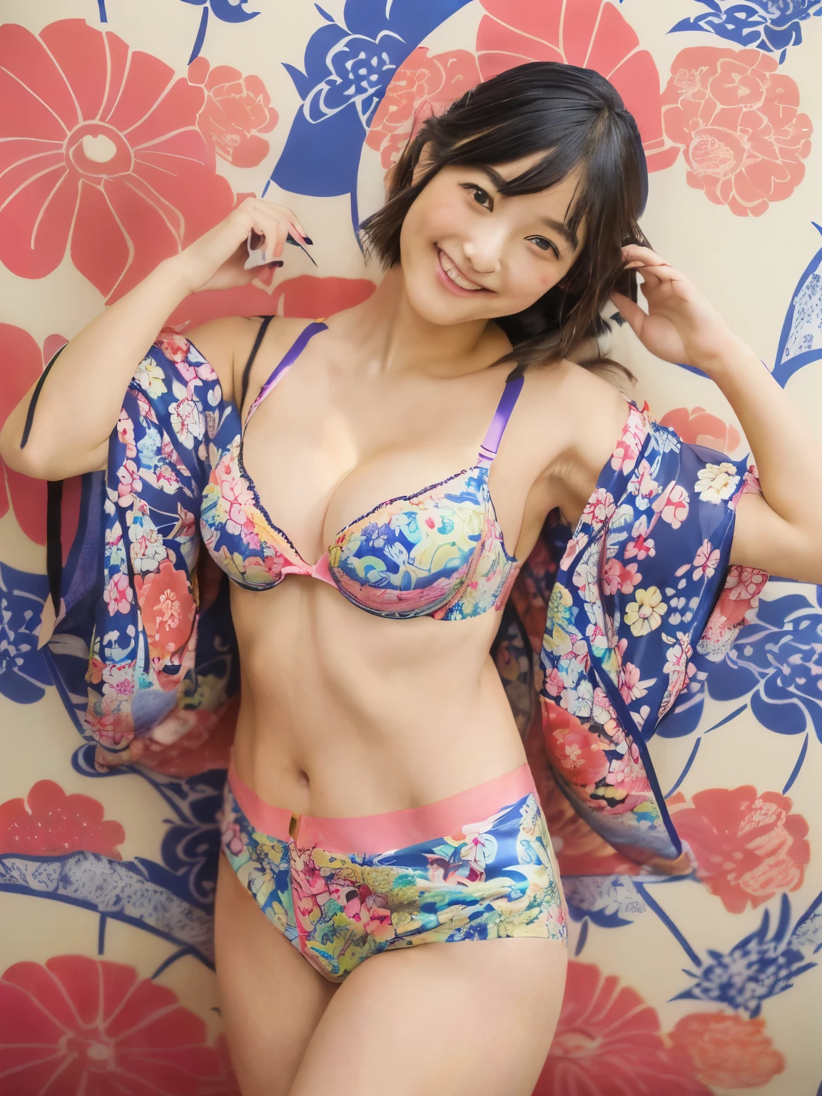 A cute face like a top Japanese idol at  18、very friendly、Smiling Kindly、(kimono、yukata)、(((Colorful floral pattern(丈が短いkimono)))、(((kimonoめくり(kimonoの裾を上げる)))、(((Beautiful thighs(Sexy panties are in sight)))、Cleavage、Highest quality、masterpiece