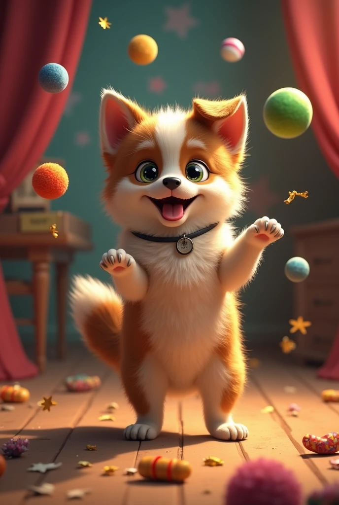 A little dog juggling