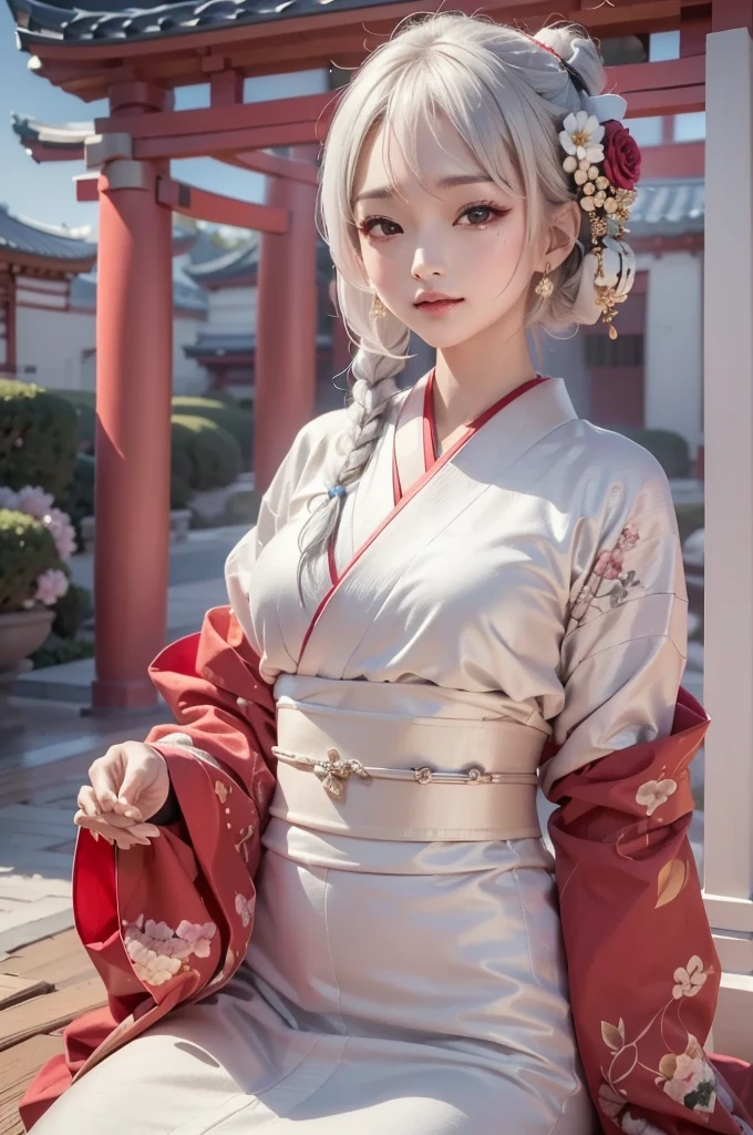 ((masterpiece:1.5,Highest quality,Beautiful images、Abstract、artistic、)(One person, solo)(Medium chest, Silver Hair、Long Hair、kimono, japanese cloth,Flower pattern kimono、Black and red kimono)(Profile portrait,Look at me sideways、Look at an angle、shake your head、Sad look, Floating Hair)(Gray background)((from the front:1.3)).face, style